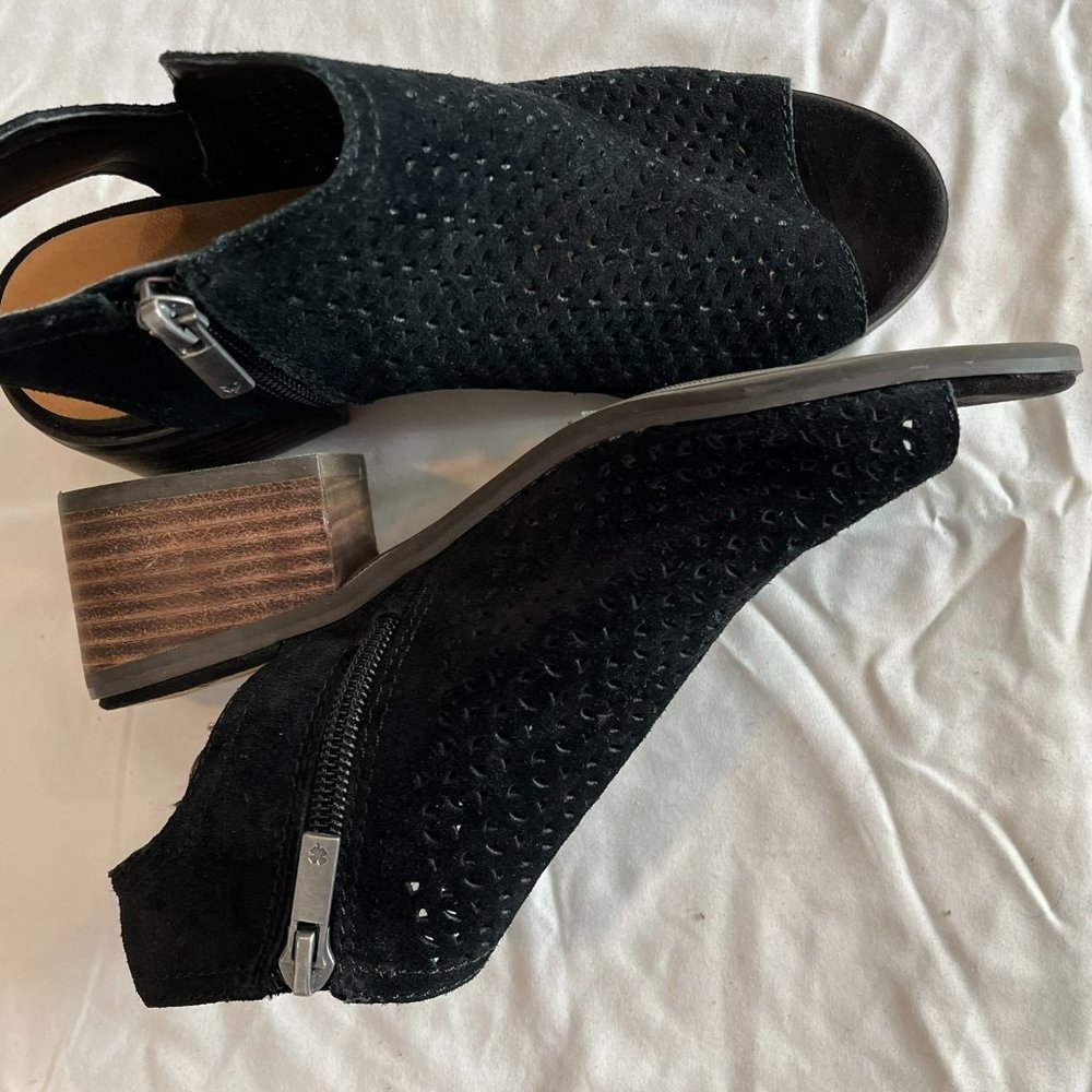 Lucky Brand, Open Toe Heeled Bootie, Black Perforated Suede, Sz 6